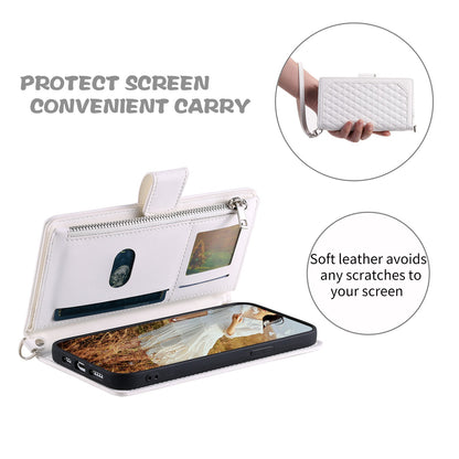 005 Smartphone Cover for Samsung Galaxy S20 FE 2022 / S20 Lite / S20 FE 5G / 4G, Handy Strap Rhombus Grid Textured PU Leather Zipper Pocket Stand Wallet Case