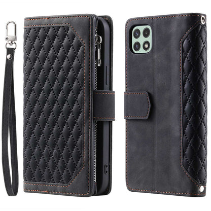 005 Phone Case Pouch for Samsung Galaxy A22 5G (EU Version), Anti-scratch Rhombus Grid Textured PU Leather Zipper Pocket Stand Wallet Phone Case with Multiple Card Slots and Handy Strap