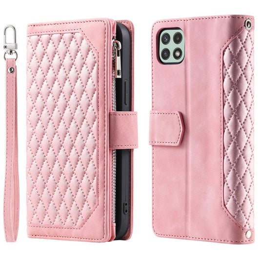 005 Phone Case Pouch for Samsung Galaxy A22 5G (EU Version), Anti-scratch Rhombus Grid Textured PU Leather Zipper Pocket Stand Wallet Phone Case with Multiple Card Slots and Handy Strap