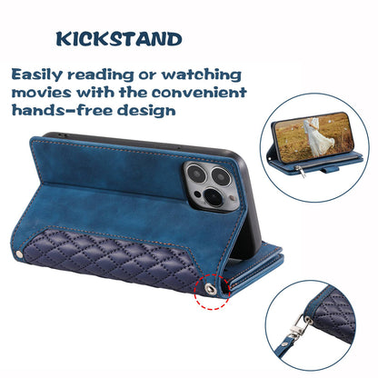 005 Rhombus Grid Textured PU Leather Phone Case for iPhone 14 Plus 6.7 inch, Zipper Pocket Stand Wallet Cover with Strap