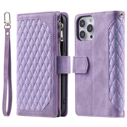 005 Rhombus Grid Textured PU Leather Phone Case for iPhone 14 Plus 6.7 inch, Zipper Pocket Stand Wallet Cover with Strap