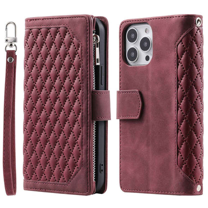 005 Rhombus Grid Textured PU Leather Phone Case for iPhone 14 Plus 6.7 inch, Zipper Pocket Stand Wallet Cover with Strap