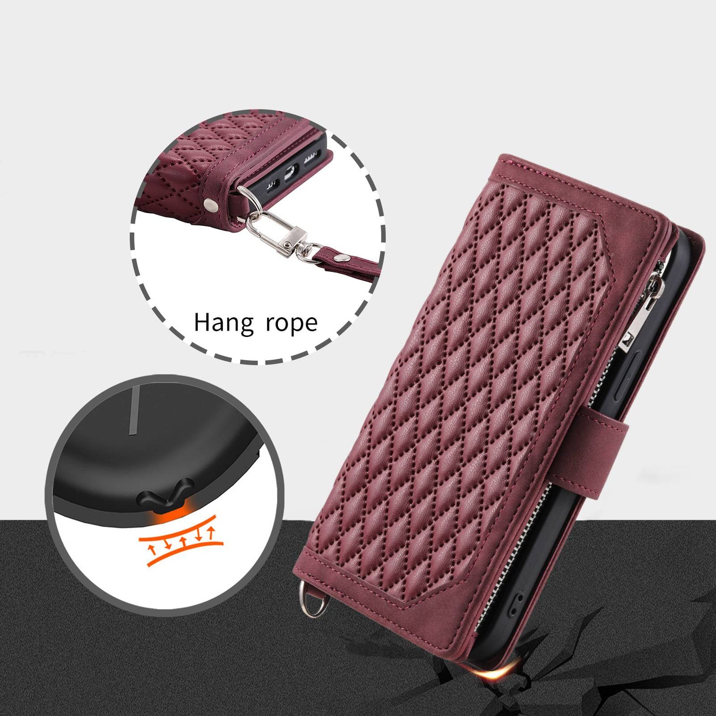 005 Rhombus Grid Textured PU Leather Phone Case for iPhone 14 Plus 6.7 inch, Zipper Pocket Stand Wallet Cover with Strap