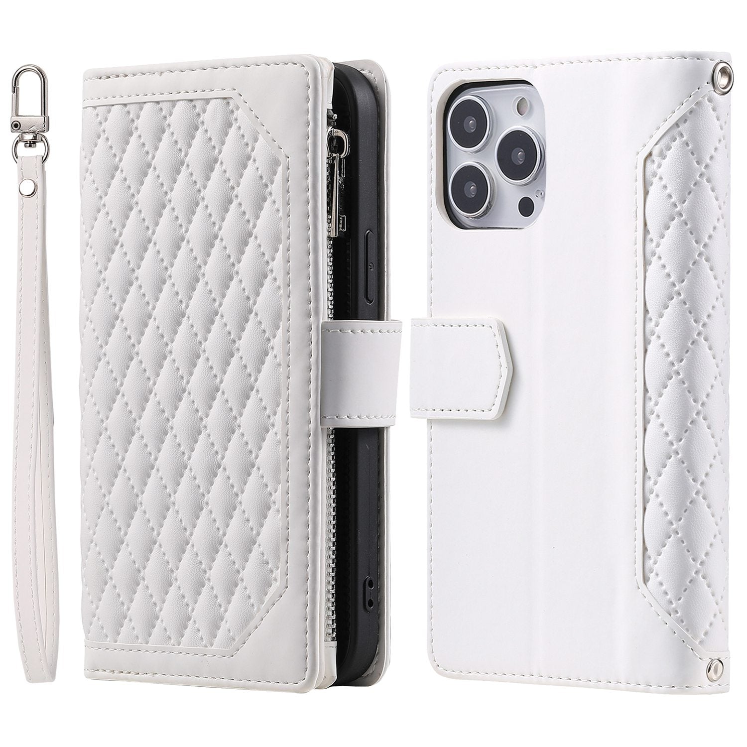 005 Rhombus Grid Textured PU Leather Phone Case for iPhone 14 Plus 6.7 inch, Zipper Pocket Stand Wallet Cover with Strap