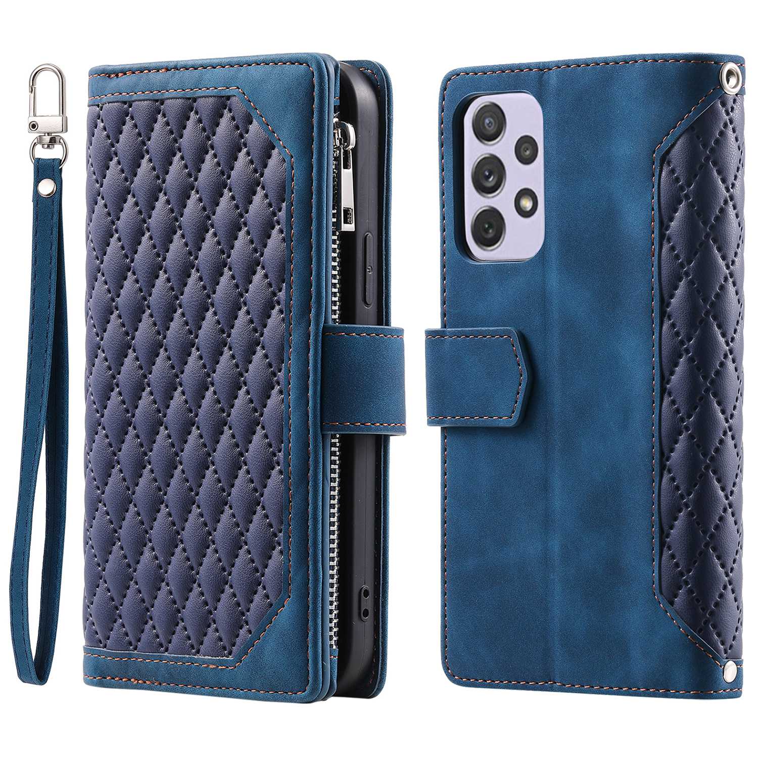 005 Phone Covering Shell for Samsung Galaxy A52s 5G  /  A52 5G / 4G, Rhombus Grid Textured PU Leather Phone Case Zipper Pocket Stand Wallet with Strap