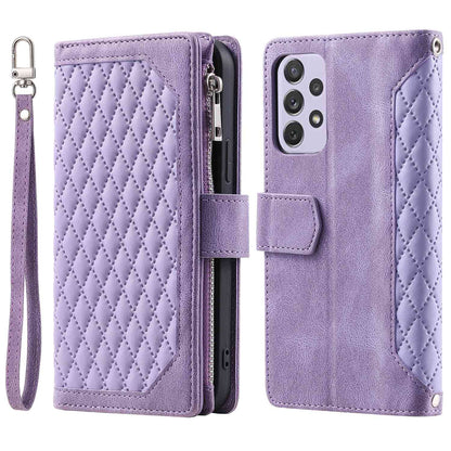 005 Phone Covering Shell for Samsung Galaxy A52s 5G  /  A52 5G / 4G, Rhombus Grid Textured PU Leather Phone Case Zipper Pocket Stand Wallet with Strap