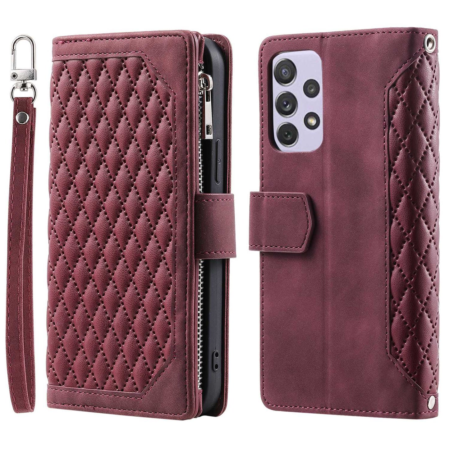 005 Phone Covering Shell for Samsung Galaxy A52s 5G  /  A52 5G / 4G, Rhombus Grid Textured PU Leather Phone Case Zipper Pocket Stand Wallet with Strap