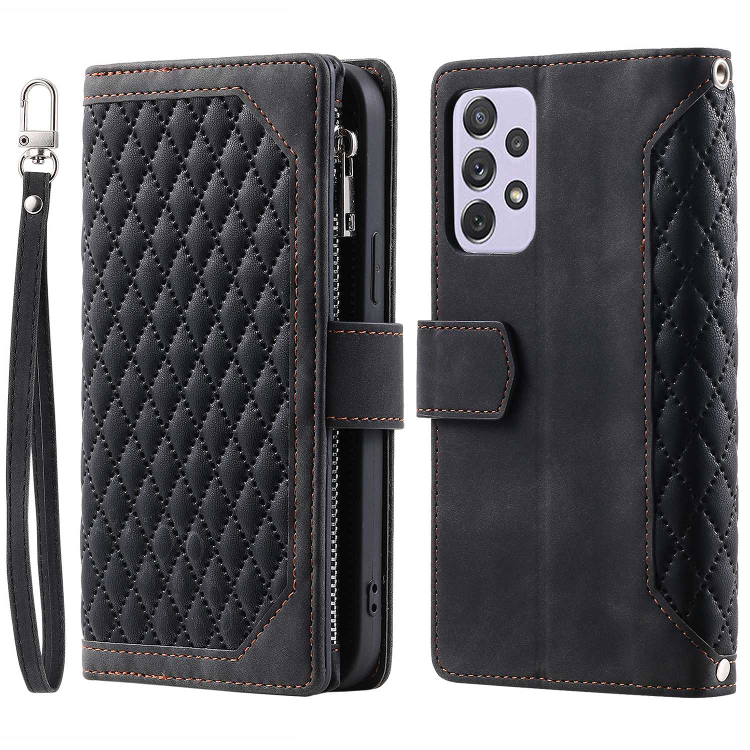 005 Phone Covering Shell for Samsung Galaxy A52s 5G  /  A52 5G / 4G, Rhombus Grid Textured PU Leather Phone Case Zipper Pocket Stand Wallet with Strap