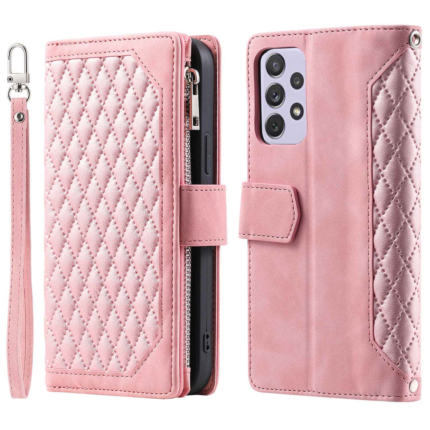 005 Phone Covering Shell for Samsung Galaxy A52s 5G  /  A52 5G / 4G, Rhombus Grid Textured PU Leather Phone Case Zipper Pocket Stand Wallet with Strap