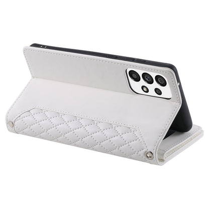 005 Style for Samsung Galaxy A73 5G Rhombus Texture Smartphone Cover PU Leather Zipper Pocket Stand Wallet Drop-proof Case with Strap