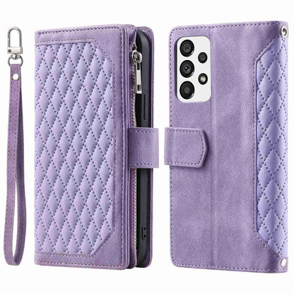 005 Style for Samsung Galaxy A73 5G Rhombus Texture Smartphone Cover PU Leather Zipper Pocket Stand Wallet Drop-proof Case with Strap