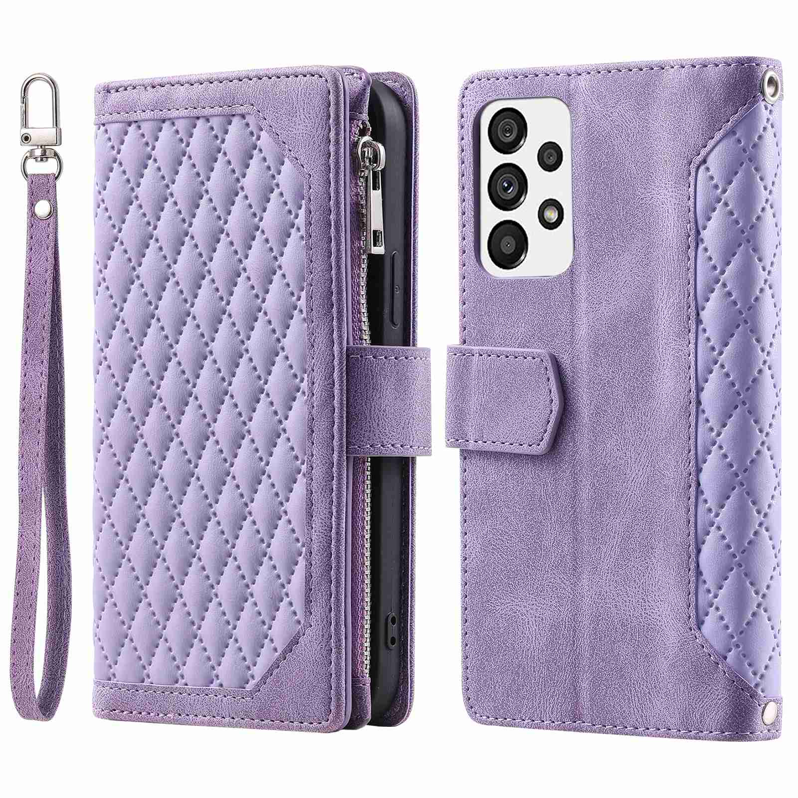 005 Style for Samsung Galaxy A23 4G (165.4 x 76.9 x 8.4mm) / A23 5G Rhombus Texture Phone Full-protection Cover PU Leather Zipper Pocket Stand Wallet Case with Strap