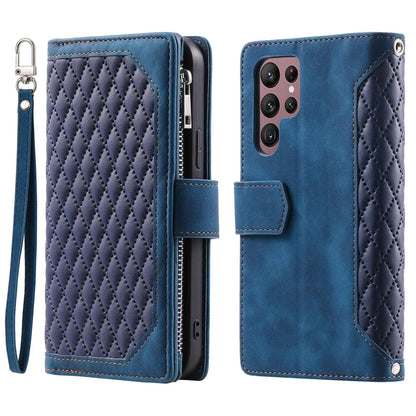 005 Style for Samsung Galaxy S22 Ultra 5G Rhombus Texture PU Leather Phone Wallet Stand Cover Zipper Pocket Design Anti-drop Case with Wrist Strap