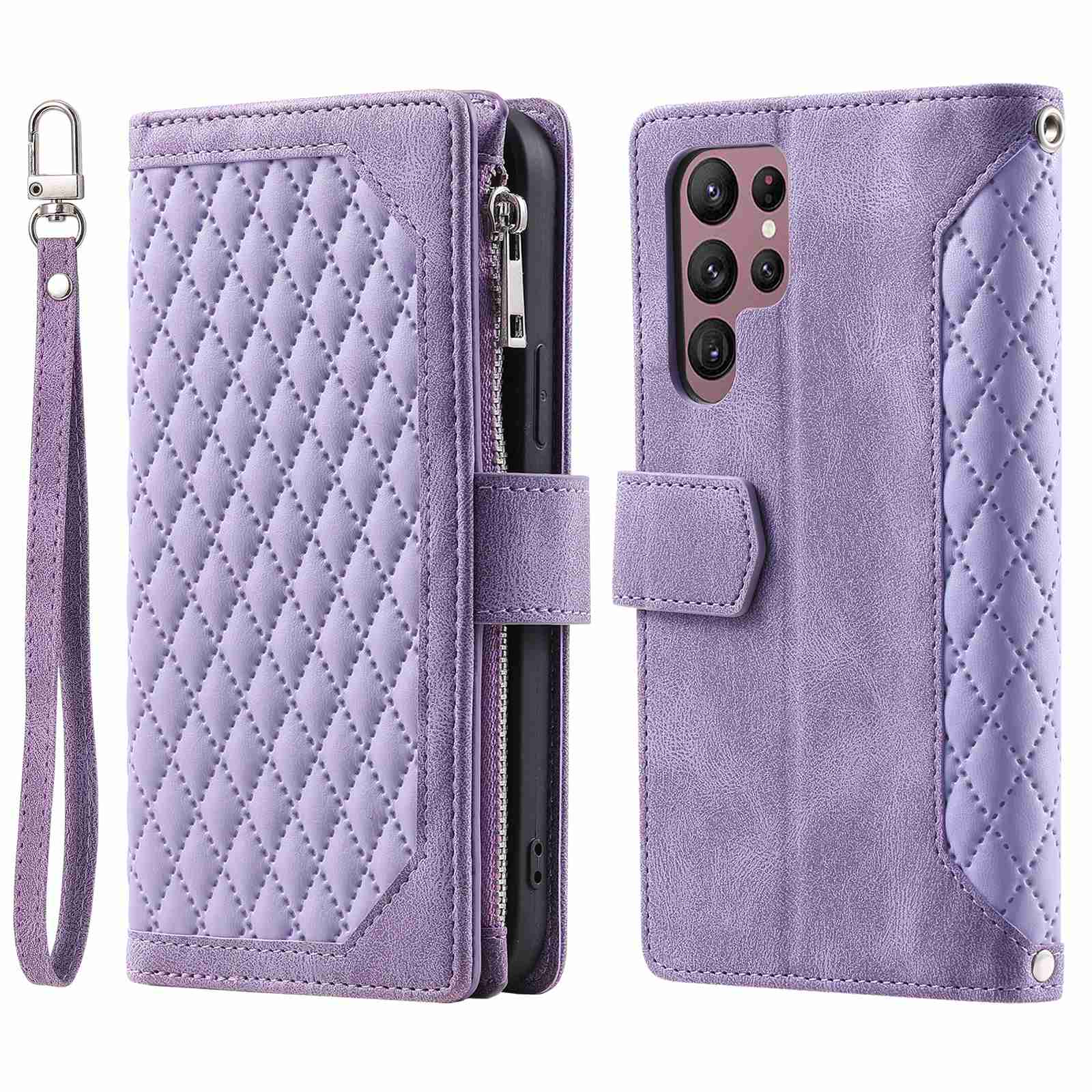 005 Style for Samsung Galaxy S22 Ultra 5G Rhombus Texture PU Leather Phone Wallet Stand Cover Zipper Pocket Design Anti-drop Case with Wrist Strap