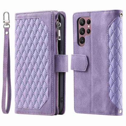005 Style for Samsung Galaxy S22 Ultra 5G Rhombus Texture PU Leather Phone Wallet Stand Cover Zipper Pocket Design Anti-drop Case with Wrist Strap