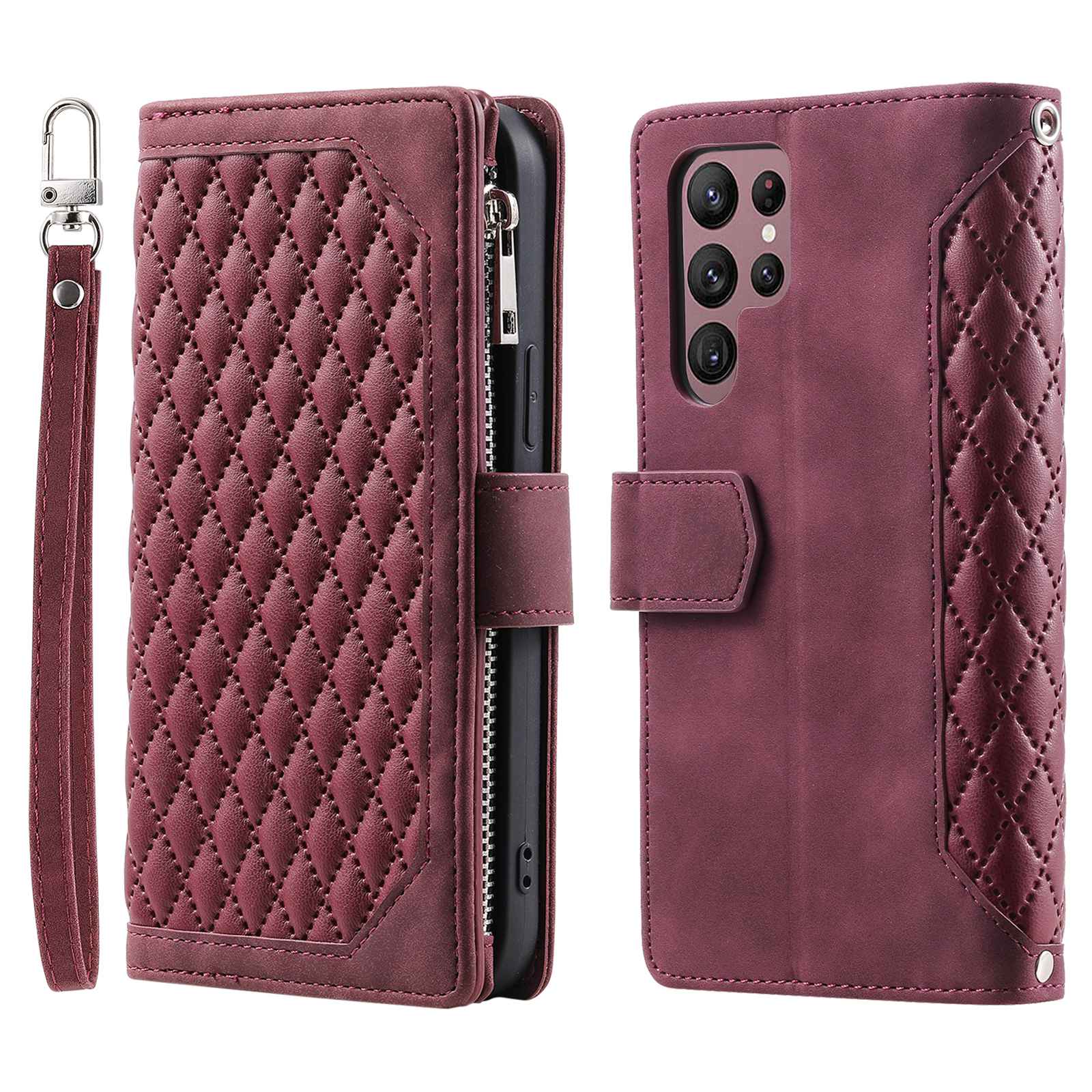 005 Style for Samsung Galaxy S22 Ultra 5G Rhombus Texture PU Leather Phone Wallet Stand Cover Zipper Pocket Design Anti-drop Case with Wrist Strap