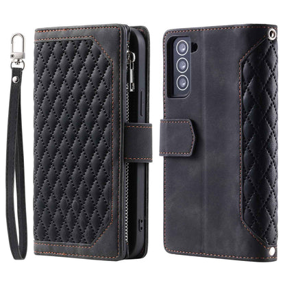 005 Style for Samsung Galaxy S22+ 5G Zipper Pocket Design PU Leather Phone Drop-proof Cover Rhombus Texture Stand Wallet Case with Strap