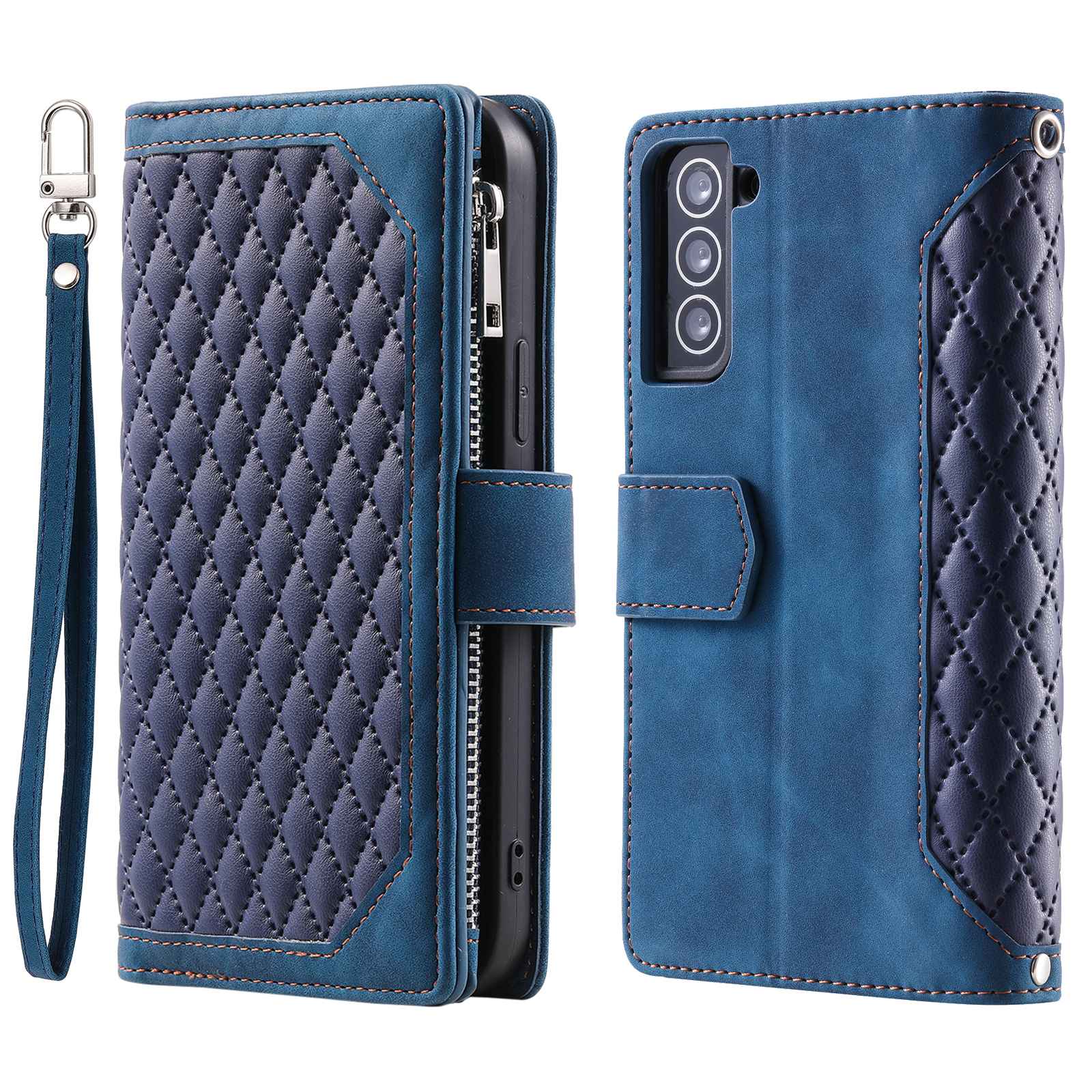 005 Style for Samsung Galaxy S22+ 5G Zipper Pocket Design PU Leather Phone Drop-proof Cover Rhombus Texture Stand Wallet Case with Strap