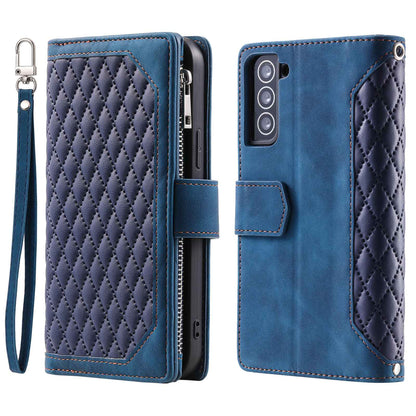 005 Style for Samsung Galaxy S22+ 5G Zipper Pocket Design PU Leather Phone Drop-proof Cover Rhombus Texture Stand Wallet Case with Strap