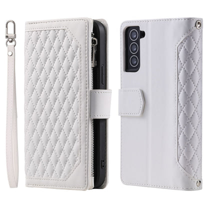 005 Style for Samsung Galaxy S22+ 5G Zipper Pocket Design PU Leather Phone Drop-proof Cover Rhombus Texture Stand Wallet Case with Strap