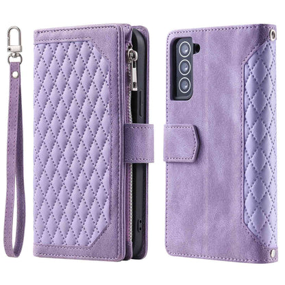 005 Style for Samsung Galaxy S22+ 5G Zipper Pocket Design PU Leather Phone Drop-proof Cover Rhombus Texture Stand Wallet Case with Strap