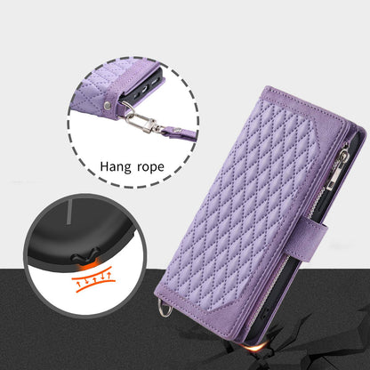 005 Style for Samsung Galaxy S22+ 5G Zipper Pocket Design PU Leather Phone Drop-proof Cover Rhombus Texture Stand Wallet Case with Strap