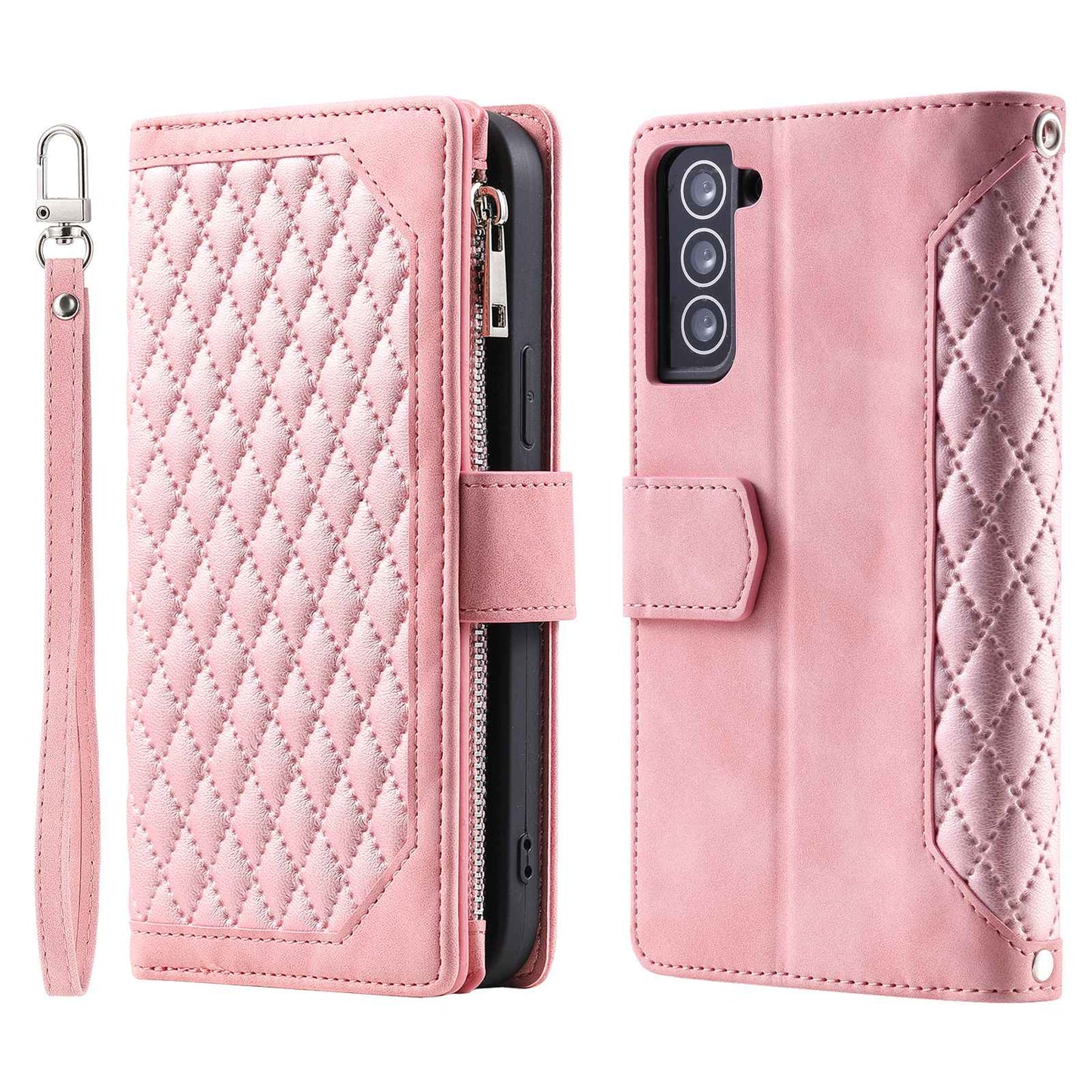 005 Style for Samsung Galaxy S22+ 5G Zipper Pocket Design PU Leather Phone Drop-proof Cover Rhombus Texture Stand Wallet Case with Strap