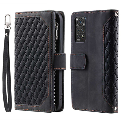 005 Style Smartphone Cover for Xiaomi Redmi Note 11 4G (Qualcomm) / Note 11S 4G, Rhombus Texture PU Leather Zipper Pocket Stand Wallet Case with Strap