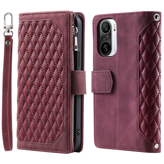 005 Style for Xiaomi Mi 11i / Poco F3 / Redmi K40 / K40 Pro / K40 Pro+ All-round Shockproof Rhombus Texture Phone Case PU Leather Zipper Pocket Stand Wallet Cover with Wrist Strap