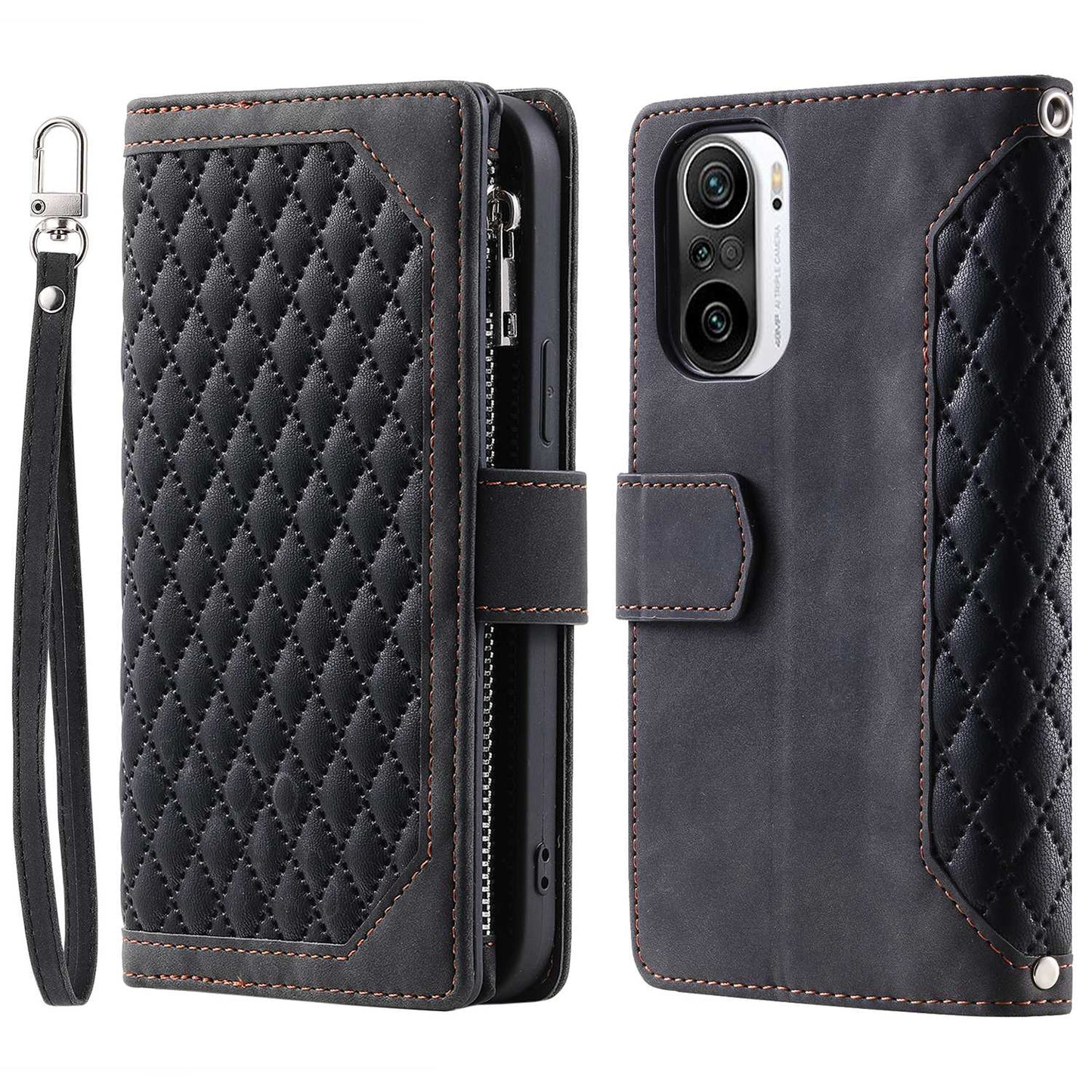 005 Style for Xiaomi Mi 11i / Poco F3 / Redmi K40 / K40 Pro / K40 Pro+ All-round Shockproof Rhombus Texture Phone Case PU Leather Zipper Pocket Stand Wallet Cover with Wrist Strap