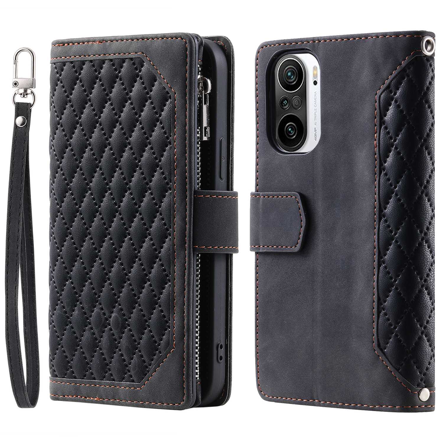 005 Style for Xiaomi Mi 11i / Poco F3 / Redmi K40 / K40 Pro / K40 Pro+ All-round Shockproof Rhombus Texture Phone Case PU Leather Zipper Pocket Stand Wallet Cover with Wrist Strap