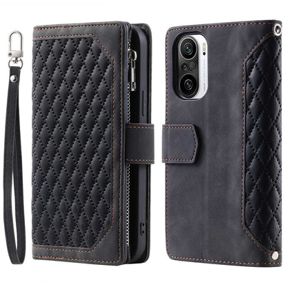 005 Style for Xiaomi Mi 11i / Poco F3 / Redmi K40 / K40 Pro / K40 Pro+ All-round Shockproof Rhombus Texture Phone Case PU Leather Zipper Pocket Stand Wallet Cover with Wrist Strap
