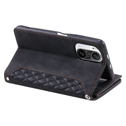 005 Style for Xiaomi Mi 11i / Poco F3 / Redmi K40 / K40 Pro / K40 Pro+ All-round Shockproof Rhombus Texture Phone Case PU Leather Zipper Pocket Stand Wallet Cover with Wrist Strap