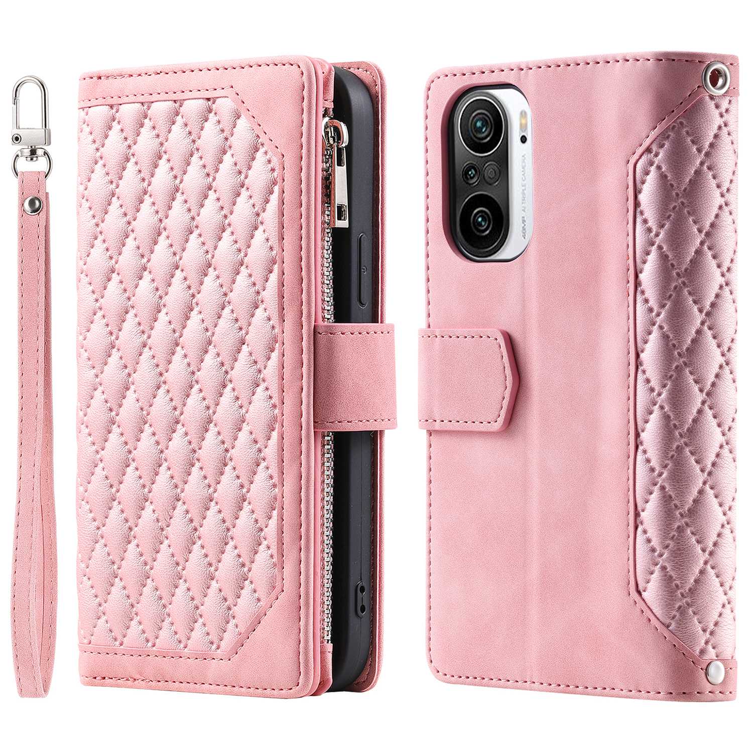 005 Style for Xiaomi Mi 11i / Poco F3 / Redmi K40 / K40 Pro / K40 Pro+ All-round Shockproof Rhombus Texture Phone Case PU Leather Zipper Pocket Stand Wallet Cover with Wrist Strap