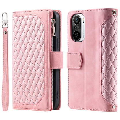 005 Style for Xiaomi Mi 11i / Poco F3 / Redmi K40 / K40 Pro / K40 Pro+ All-round Shockproof Rhombus Texture Phone Case PU Leather Zipper Pocket Stand Wallet Cover with Wrist Strap