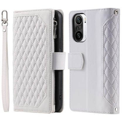 005 Style for Xiaomi Mi 11i / Poco F3 / Redmi K40 / K40 Pro / K40 Pro+ All-round Shockproof Rhombus Texture Phone Case PU Leather Zipper Pocket Stand Wallet Cover with Wrist Strap