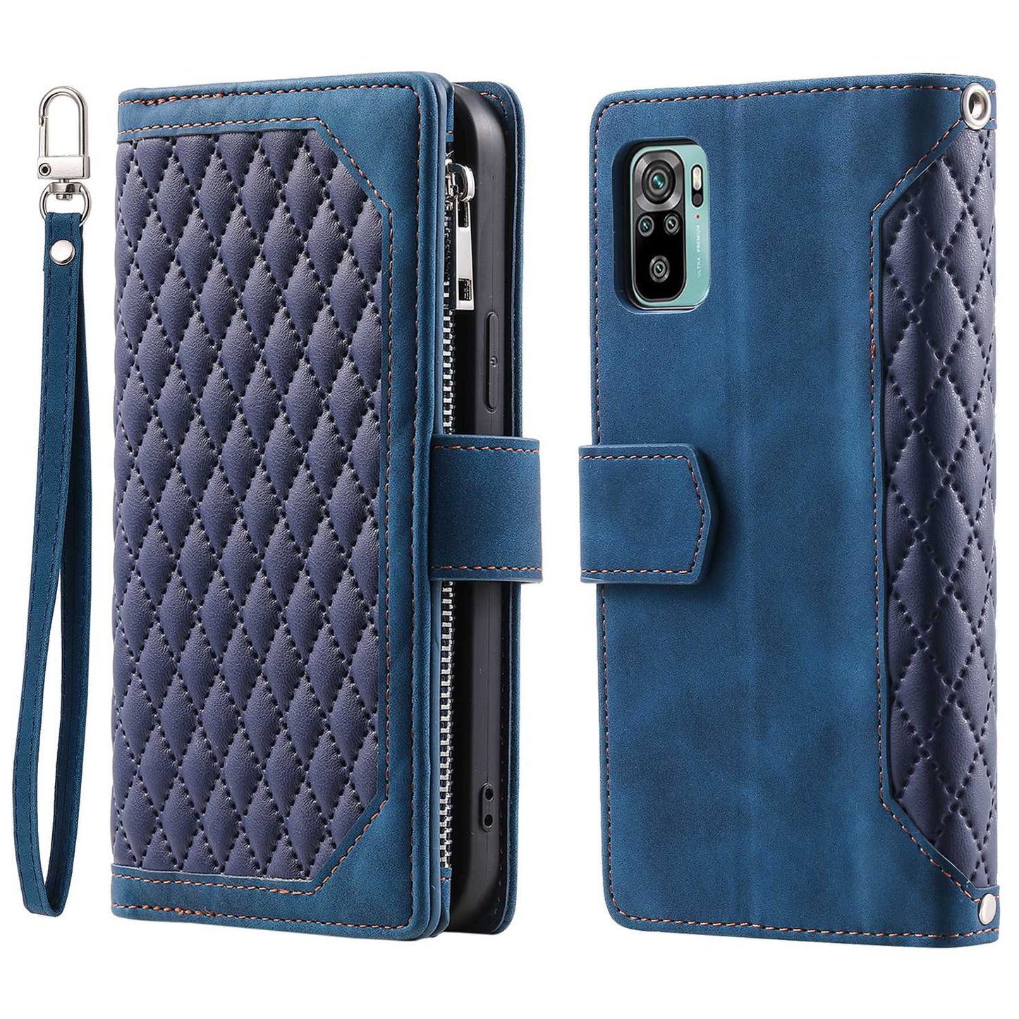 005 Style for Xiaomi Poco M5s 4G / Redmi Note 10 4G / Redmi Note 10S 4G Scratch Resistant Rhombus Texture Phone Case PU Leather Zipper Pocket Stand Wallet Cover with Wrist Strap