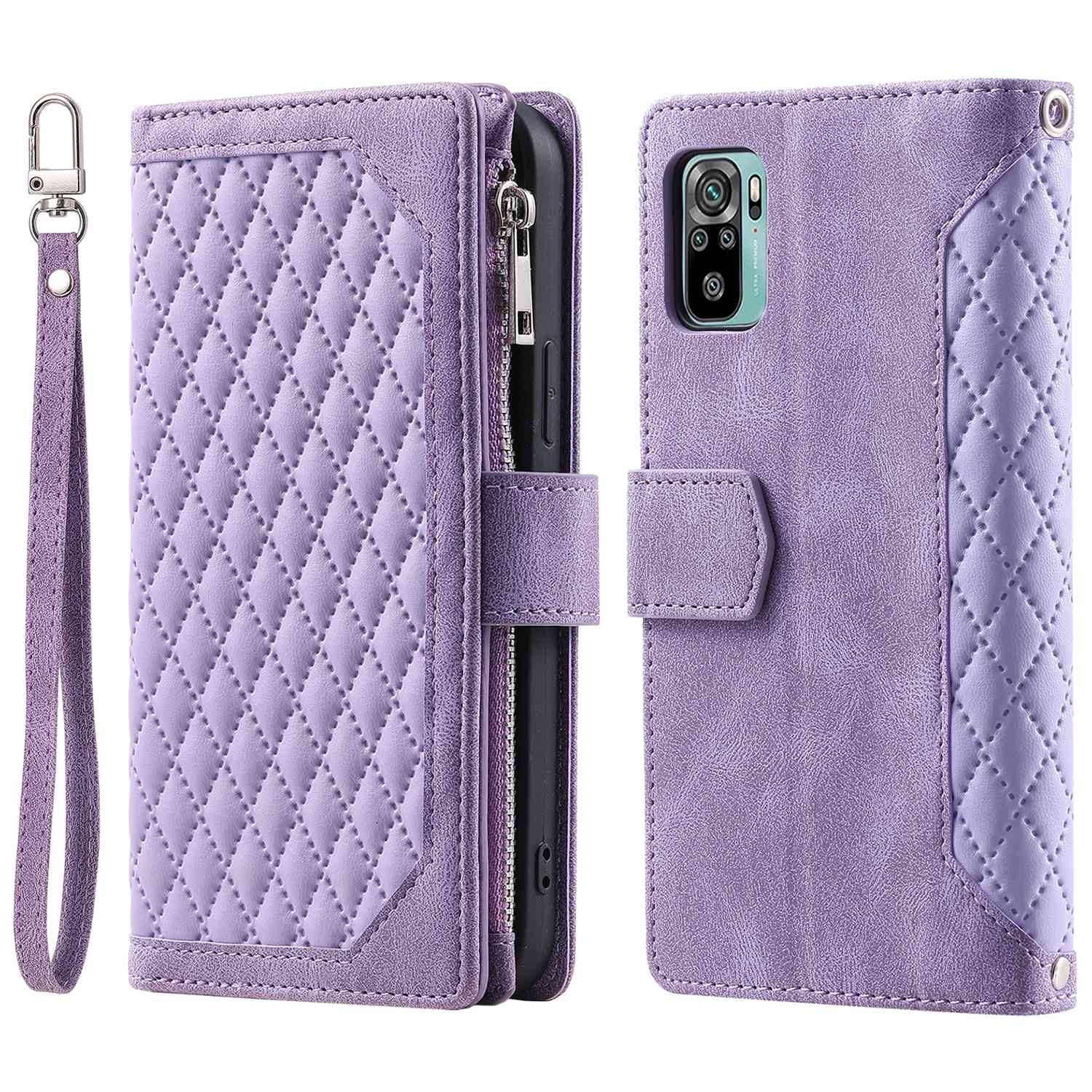 005 Style for Xiaomi Poco M5s 4G / Redmi Note 10 4G / Redmi Note 10S 4G Scratch Resistant Rhombus Texture Phone Case PU Leather Zipper Pocket Stand Wallet Cover with Wrist Strap