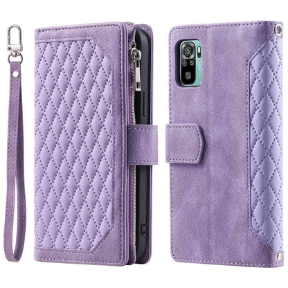 005 Style for Xiaomi Poco M5s 4G / Redmi Note 10 4G / Redmi Note 10S 4G Scratch Resistant Rhombus Texture Phone Case PU Leather Zipper Pocket Stand Wallet Cover with Wrist Strap