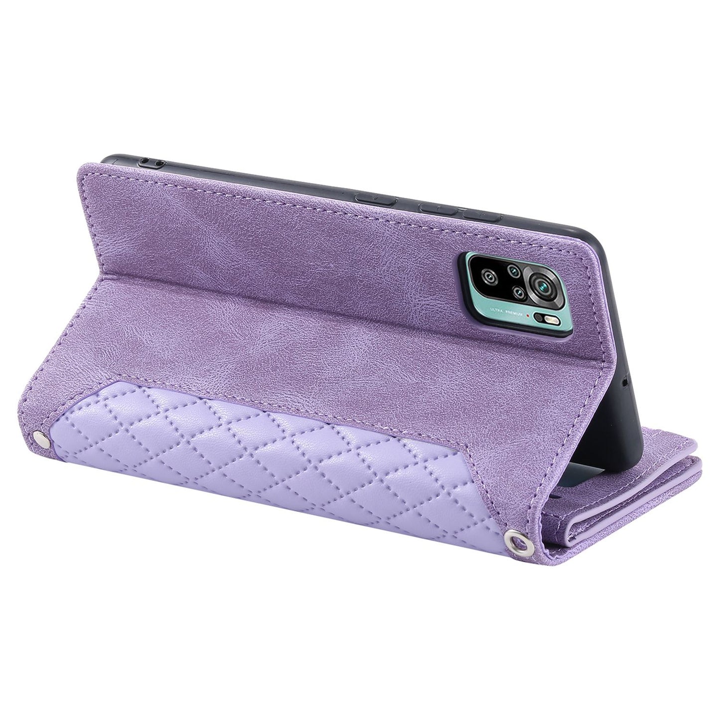 005 Style for Xiaomi Poco M5s 4G / Redmi Note 10 4G / Redmi Note 10S 4G Scratch Resistant Rhombus Texture Phone Case PU Leather Zipper Pocket Stand Wallet Cover with Wrist Strap