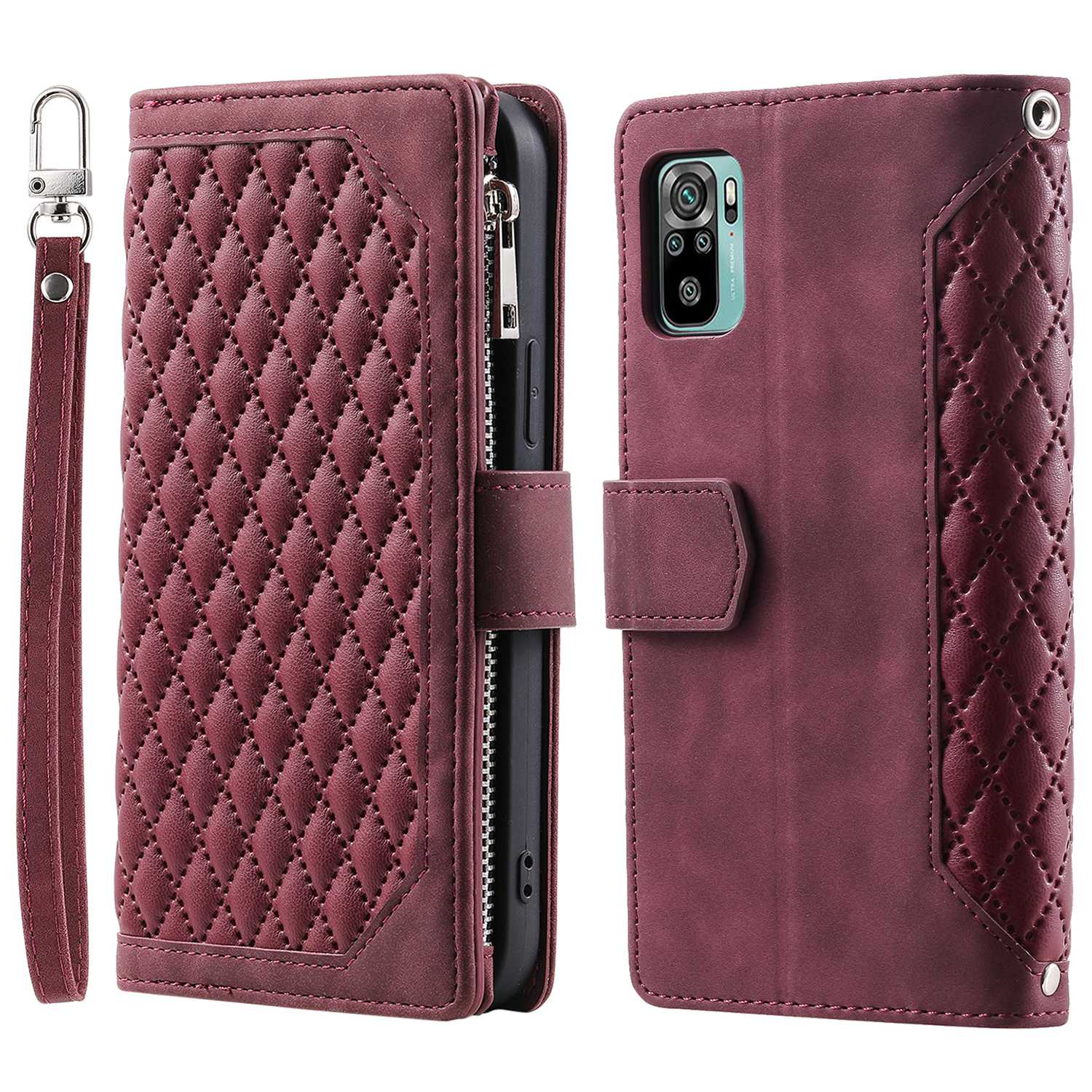 005 Style for Xiaomi Poco M5s 4G / Redmi Note 10 4G / Redmi Note 10S 4G Scratch Resistant Rhombus Texture Phone Case PU Leather Zipper Pocket Stand Wallet Cover with Wrist Strap