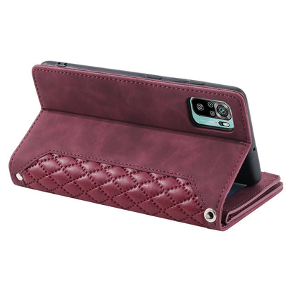 005 Style for Xiaomi Poco M5s 4G / Redmi Note 10 4G / Redmi Note 10S 4G Scratch Resistant Rhombus Texture Phone Case PU Leather Zipper Pocket Stand Wallet Cover with Wrist Strap