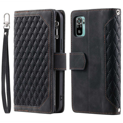 005 Style for Xiaomi Poco M5s 4G / Redmi Note 10 4G / Redmi Note 10S 4G Scratch Resistant Rhombus Texture Phone Case PU Leather Zipper Pocket Stand Wallet Cover with Wrist Strap
