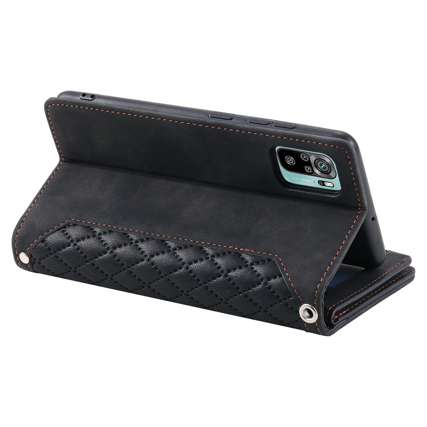 005 Style for Xiaomi Poco M5s 4G / Redmi Note 10 4G / Redmi Note 10S 4G Scratch Resistant Rhombus Texture Phone Case PU Leather Zipper Pocket Stand Wallet Cover with Wrist Strap