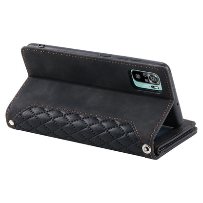 005 Style for Xiaomi Poco M5s 4G / Redmi Note 10 4G / Redmi Note 10S 4G Scratch Resistant Rhombus Texture Phone Case PU Leather Zipper Pocket Stand Wallet Cover with Wrist Strap