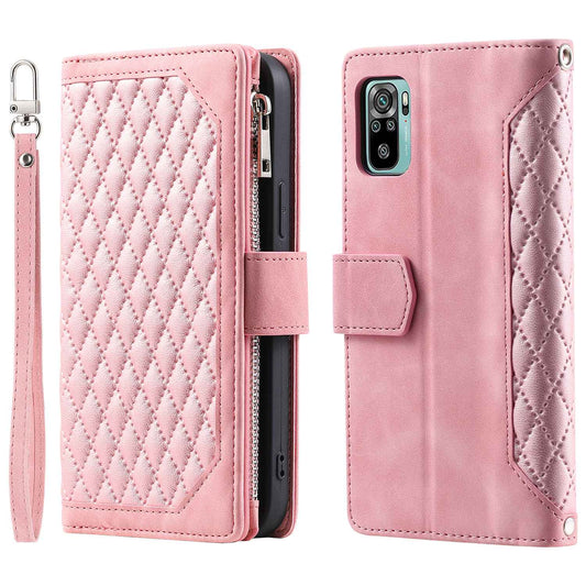 005 Style for Xiaomi Poco M5s 4G / Redmi Note 10 4G / Redmi Note 10S 4G Scratch Resistant Rhombus Texture Phone Case PU Leather Zipper Pocket Stand Wallet Cover with Wrist Strap