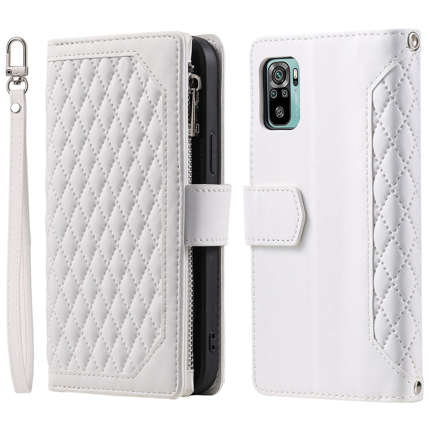 005 Style for Xiaomi Poco M5s 4G / Redmi Note 10 4G / Redmi Note 10S 4G Scratch Resistant Rhombus Texture Phone Case PU Leather Zipper Pocket Stand Wallet Cover with Wrist Strap