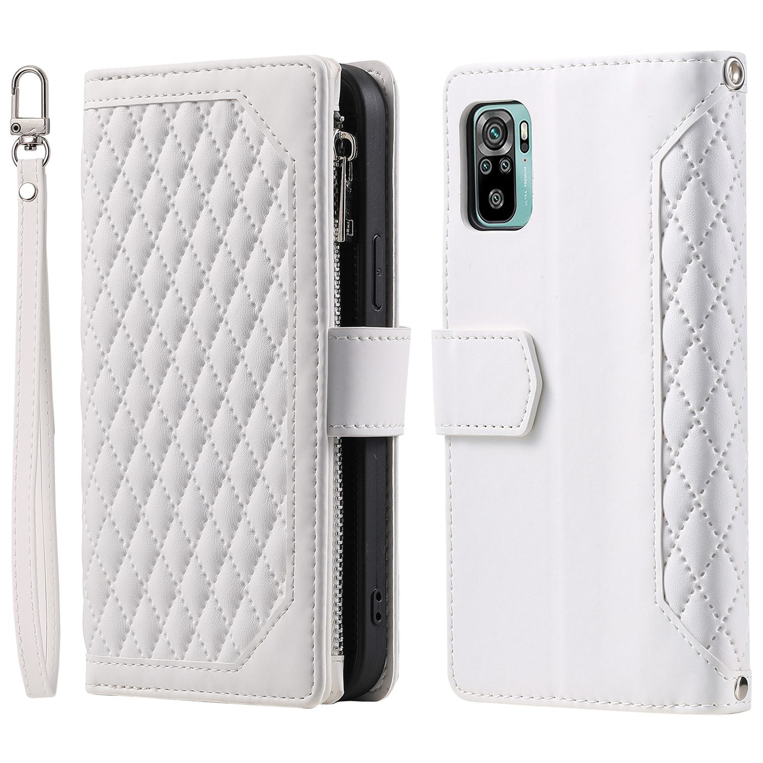 005 Style for Xiaomi Poco M5s 4G / Redmi Note 10 4G / Redmi Note 10S 4G Scratch Resistant Rhombus Texture Phone Case PU Leather Zipper Pocket Stand Wallet Cover with Wrist Strap