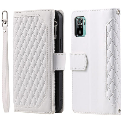 005 Style for Xiaomi Poco M5s 4G / Redmi Note 10 4G / Redmi Note 10S 4G Scratch Resistant Rhombus Texture Phone Case PU Leather Zipper Pocket Stand Wallet Cover with Wrist Strap