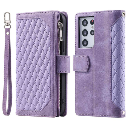005 Style for Samsung Galaxy S21 Ultra 5G Rhombus Texture Leather Stand Case Zipper Pocket Wallet Phone Cover with Wrist Strap